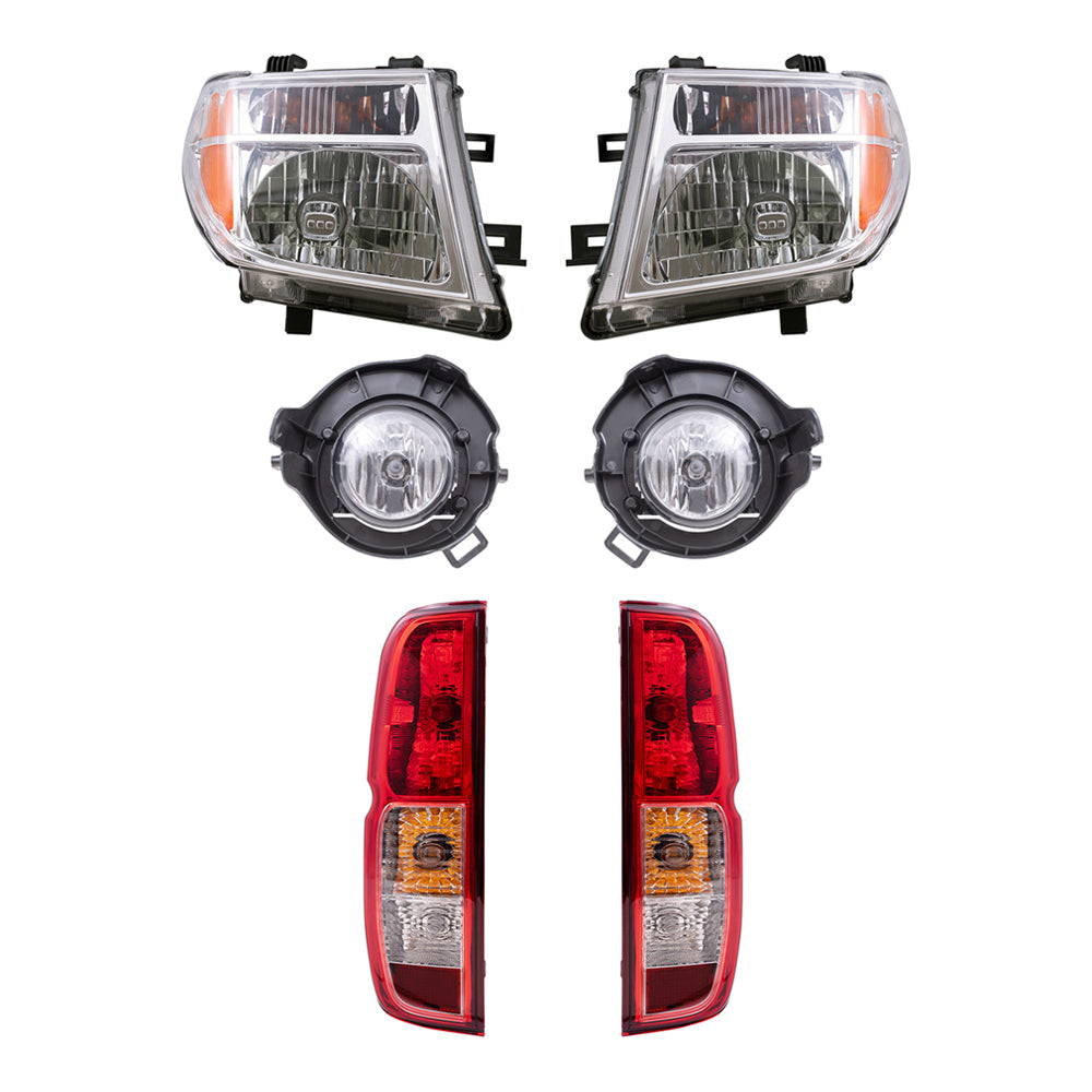 Brock Replacement Driver and Passenger Side Halogen Combination Headlights, Fog Lights and Tail Lights 6 Piece Set Compatible with 2005-2008 Frontier with Plastic Bumper