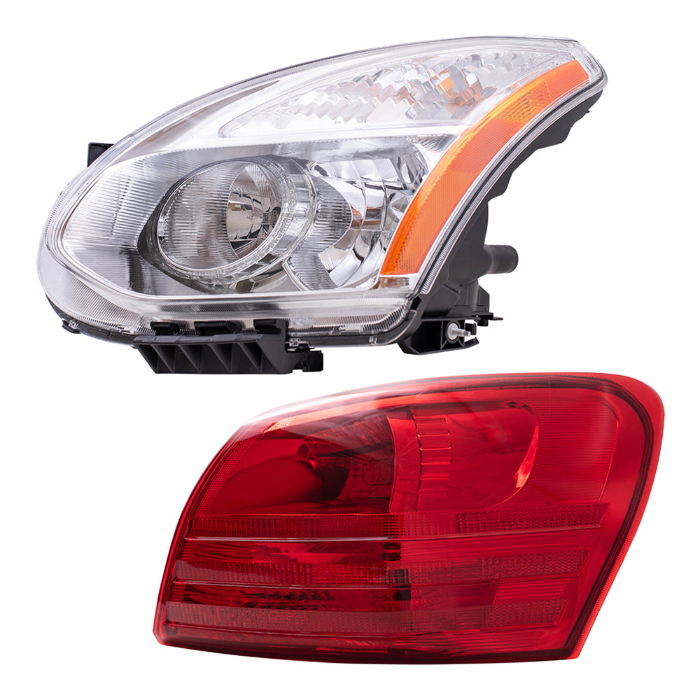 Brock Replacement Driver and Passenger Side Halogen Combination Headlight Assemblies with Chrome Bezel and Tail Light Assemblies Quarter Mounted 4 Piece Set Compatible with 2008-2010 Rogue