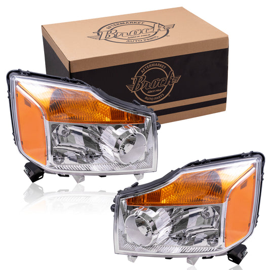 Brock Replacement Driver and Passenger Side Halogen Combination Headlight Assembly Set Compatible with 2008-2015 Nissan Titan