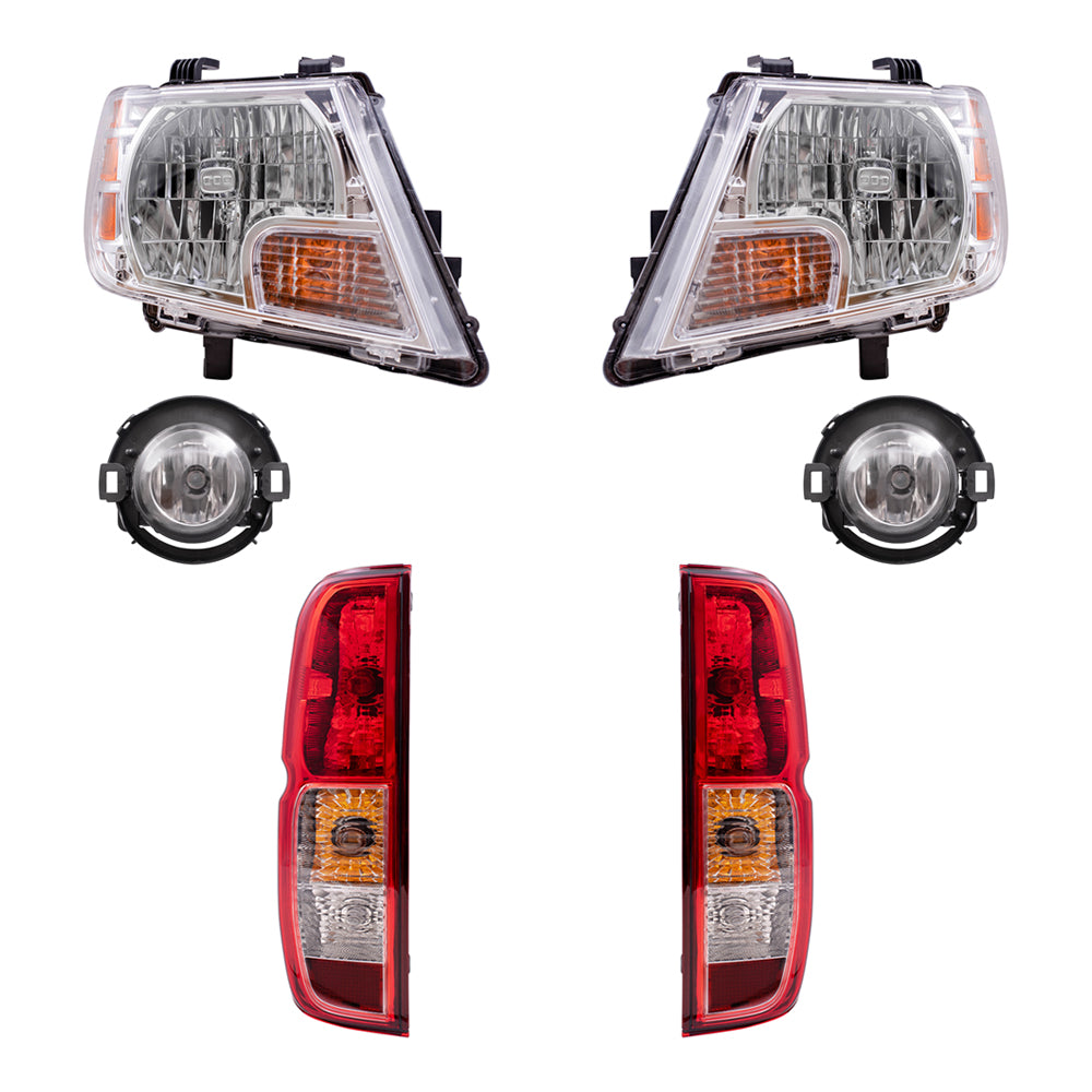 Brock Replacement Driver and Passenger Side Halogen Combination Headlights, Fog Lights and Tail Lights 6 Piece Set Compatible with 2010-2014 Frontier with Plastic Bumper