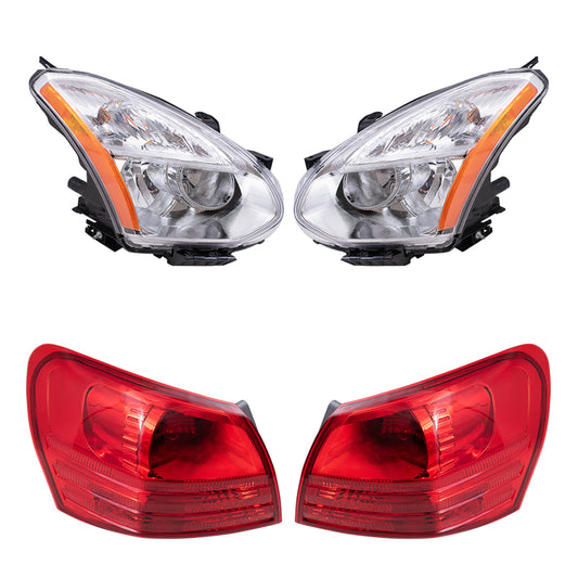 Brock Replacement Driver and Passenger Side Halogen Combination Headlights with Chrome Bezel and Tail Light Assemblies Quarter Mounted 4 Piece Set Compatible with 2011-2013 Rogue