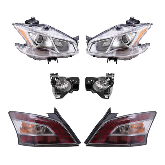 Brock Replacement Driver and Passenger Side Headlights, Fog Lights with Bracket and Tail Lights 6 Piece Set Compatible with 2012-2014 Maxima