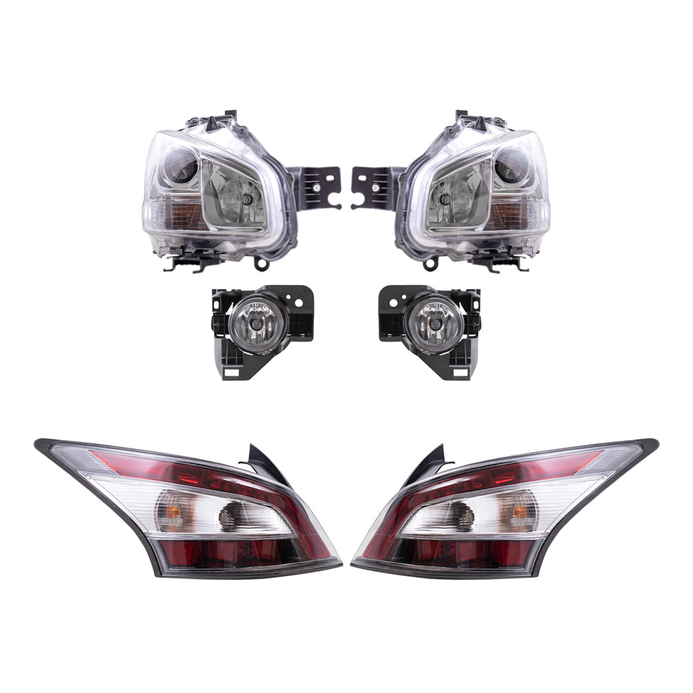 Brock Replacement Driver and Passenger Side Headlights, Fog Lights with Bracket and Tail Lights 6 Piece Set Compatible with 2012-2014 Maxima