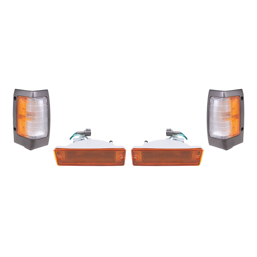 Brock Replacement Driver and Passenger Side, Side Marker Light Assemblies with Black Bezels and Park/Signal Light Assemblies 4 Piece Set Compatible with 1990-1994 D21 and 95-97 Pickup