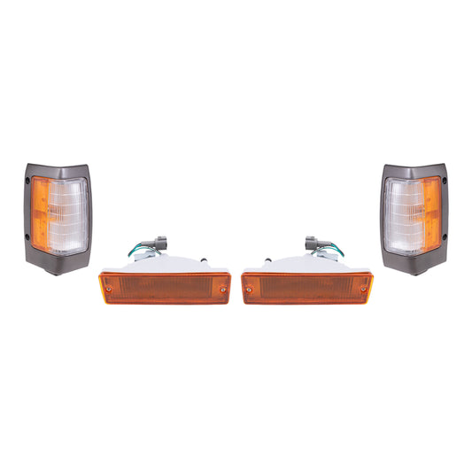 Brock Replacement Driver and Passenger Side, Side Marker Light Assemblies with Black Bezels and Park/Signal Light Assemblies 4 Piece Set Compatible with 1990-1994 D21 and 95-97 Pickup