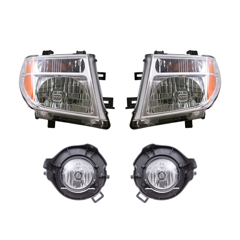 Brock Replacement Driver and Passenger Side Halogen Combination Headlights and Fog Lights 4 Piece Set Compatible with 2005-2008 Frontier with Plastic Bumper and 2005-2007 Pathfinder