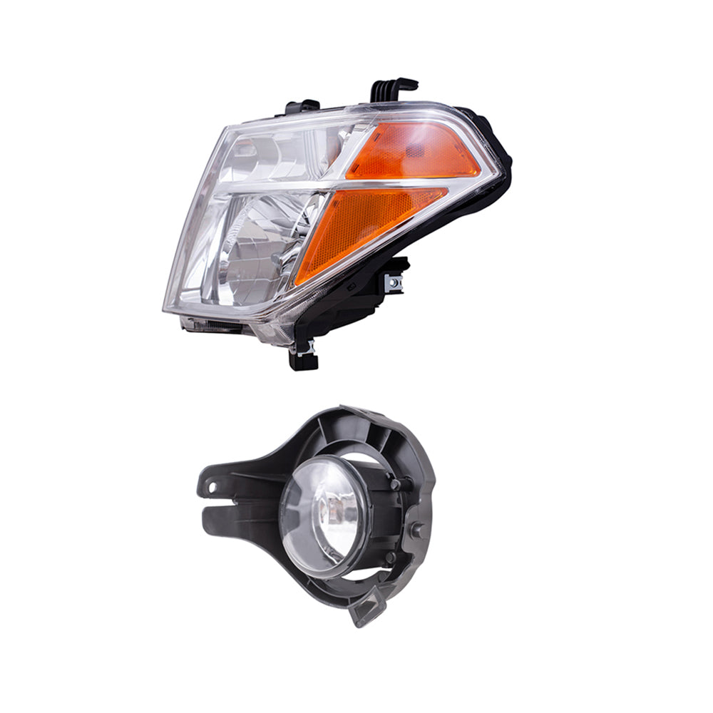 Brock Replacement Driver and Passenger Side Halogen Combination Headlights and Fog Lights 4 Piece Set Compatible with 2005-2008 Frontier with Plastic Bumper and 2005-2007 Pathfinder