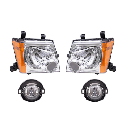 Brock Replacement Driver and Passenger Side Halogen Combination Headlights with Chrome Bezels and Fog Lights 4 Piece Set Comaptible with 2005-2008 Xterra