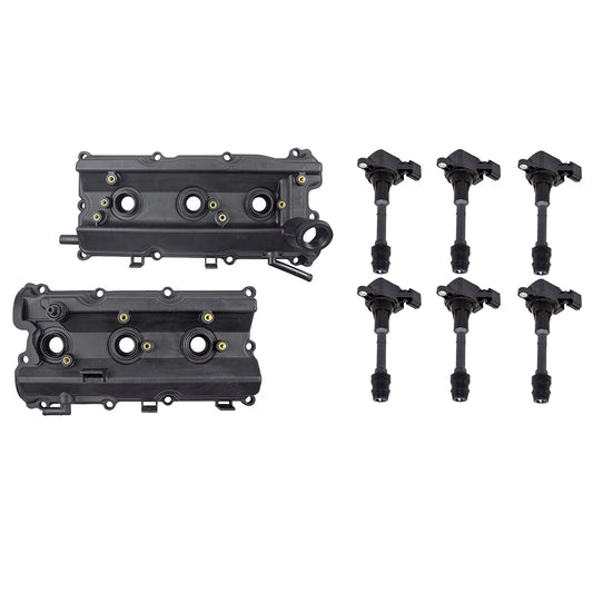 Brock Replacement Set Engine Valve Covers w/ Gaskets & 6 Pc Ignition Coils Compatible with 03-06 350Z
