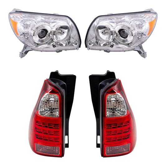 Brock Replacement Driver and Passenger Side Halogen Combination Headlight Units with Chrome Bezel and Tail Light Units 4 Piece Set Comaptible with 2006-2009 4Runner Limted/SR5