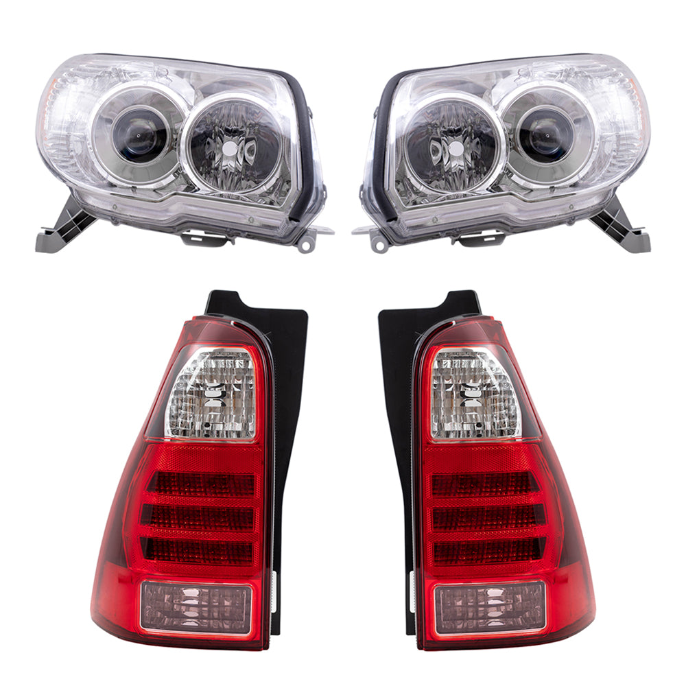 Brock Replacement Driver and Passenger Side Halogen Combination Headlight Units with Chrome Bezel and Tail Light Units 4 Piece Set Comaptible with 2006-2009 4Runner Limted/SR5