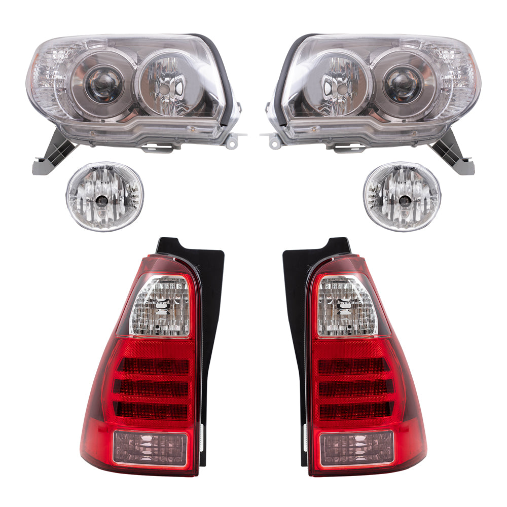 Brock Replacement Driver and Passenger Side Halogen Combination Headlights with Chrome Bezel, Fog Lights and Tail Lights 6 Piece Set Comaptible with 2006-2009 4Runner Sport