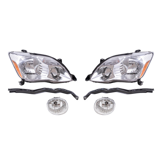 Brock Replacement Driver and Passenger Side Halogen Combination Headlight Assemblies and Fog Light Units 4 Piece Set Comaptible with 2005-2007 Avalon