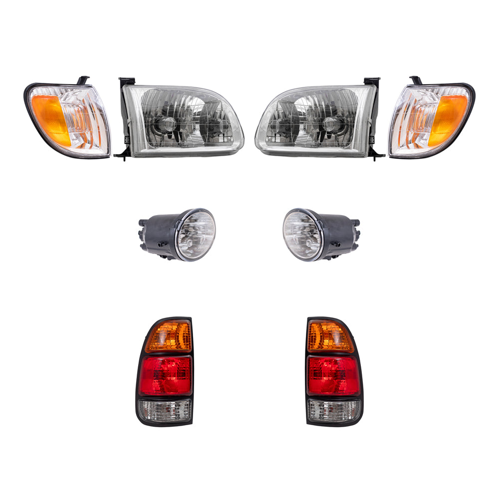 Brock Replacement Driver and Passenger Side Headlights, Signal Marker Lights, Fog Lights and Tail Lights 8 Piece Set Compatible with 2000-2004 Tundra Regular/Access Cab with Standard Bed