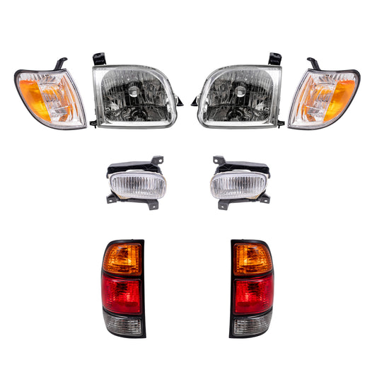 Brock Replacement Driver and Passenger Side Headlights, Signal Marker Lights, Fog Lights and Tail Lights 8 Piece Set Compatible with 2000-2004 Tundra Regular/Access Cab with Standard Bed