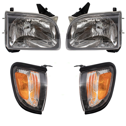 Brock Replacement 4 Piece Set Halogen Headlights w/ Park Signal Corner Marker Lamps w/ Black Bezels Compatible with 01-04 Tacoma Pickup Truck