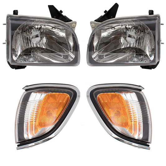 Brock Replacement 4 Piece Set Halogen Headlights w/ Park Signal Corner Marker Lamps w/ Chrome Bezels Compatible with 01-04 Tacoma Pickup Truck