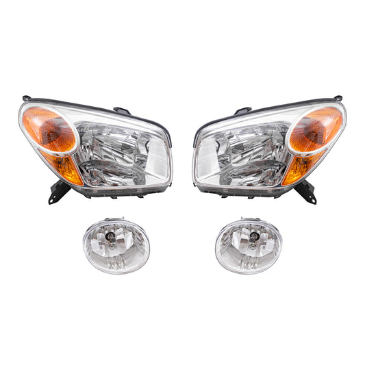 Brock Replacement Driver and Passenger Side Halogen Combination Headlight Units and Fog Light Units 4 Piece Set Comaptible with 2004-2005 Rav4