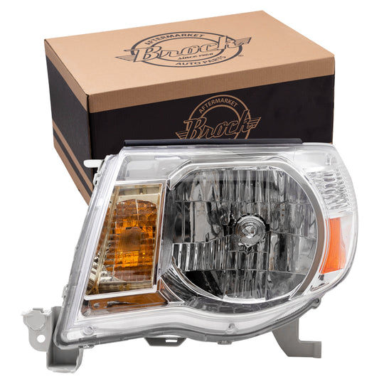 Brock Replacement Drivers Headlight with Bright Chrome Bezel Compatible with 2005-2011 Tacoma 8115004163