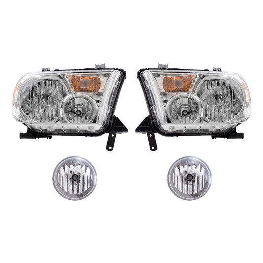 Brock Replacement Driver and Passenger Side Headlights without Level Adjuster and Fog Lights 4 Piece Set Compatible with 2007-2013 Toyota Tundra