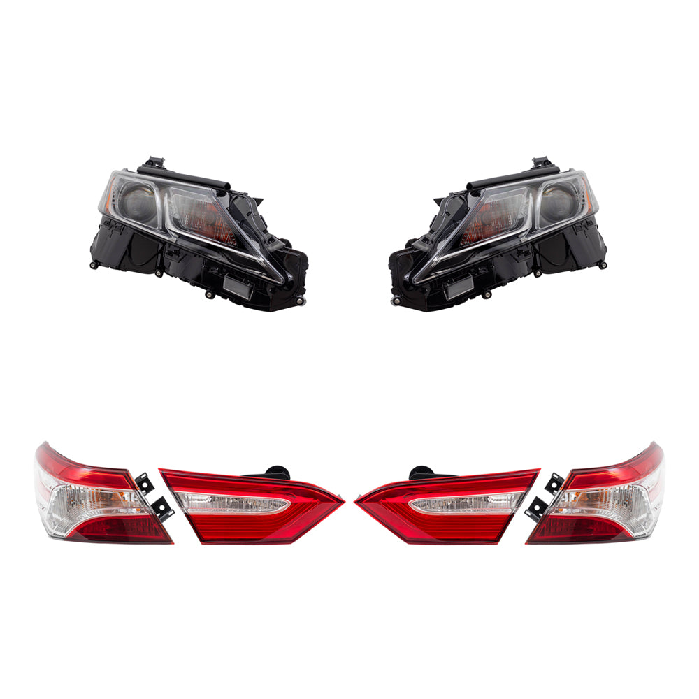 Brock Replacement Driver and Passenger Side Headlights and Tail Lights Quarter Mounted and Lid Mounted 6 Piece Set Compatible with 2018 Camry L/LE & 2018 Camry Hybrid LE