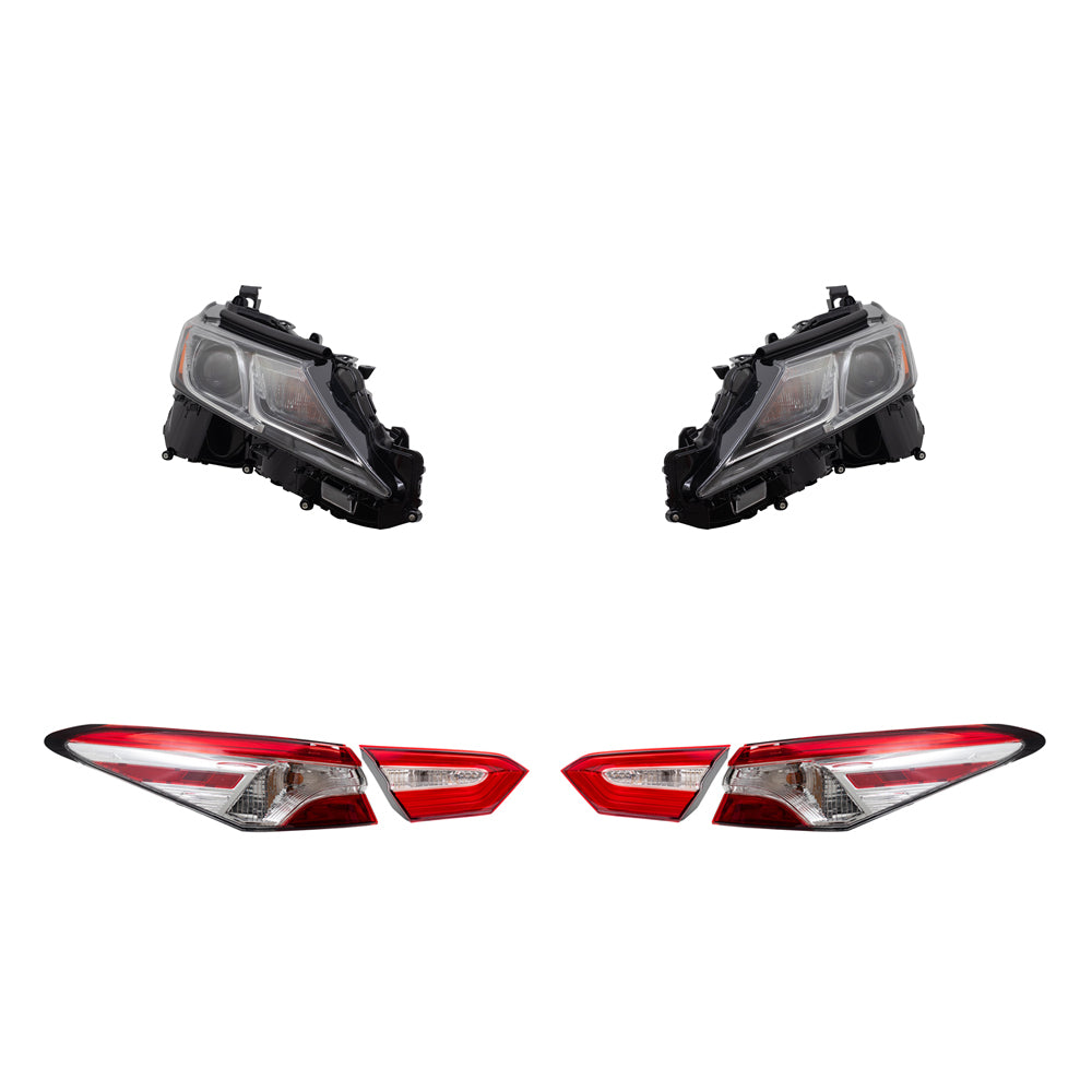 Brock Replacement Driver and Passenger Side Headlights and Tail Lights Quarter Mounted and Lid Mounted 6 Piece Set Compatible with 2018 Camry L/LE & 2018 Camry Hybrid LE