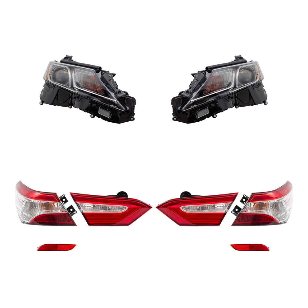 Brock Replacement Driver and Passenger Side Headlights, Tail Lights Quarter Mounted & Lid Mounted, and Bumper Reflectors 8 Piece Set Compatible with 2018 Camry L/LE & 2018 Camry Hybrid LE