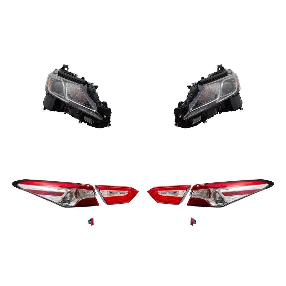 Brock Replacement Driver and Passenger Side Headlights, Tail Lights Quarter Mounted & Lid Mounted, and Bumper Reflectors 8 Piece Set Compatible with 2018 Camry L/LE & 2018 Camry Hybrid LE