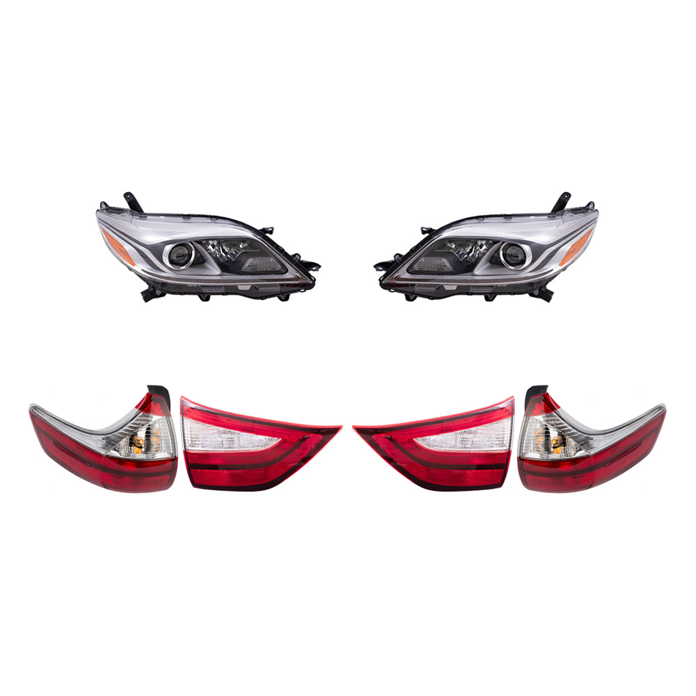 Brock Aftermarket Replacement Part Driver & Passenger Side Headlights w/LED Daytime Running Lights & Tail Lights Quarter & Liftgate Mounted Set Compatible with 2015-2019 Toyota Sienna EXCEPT SE