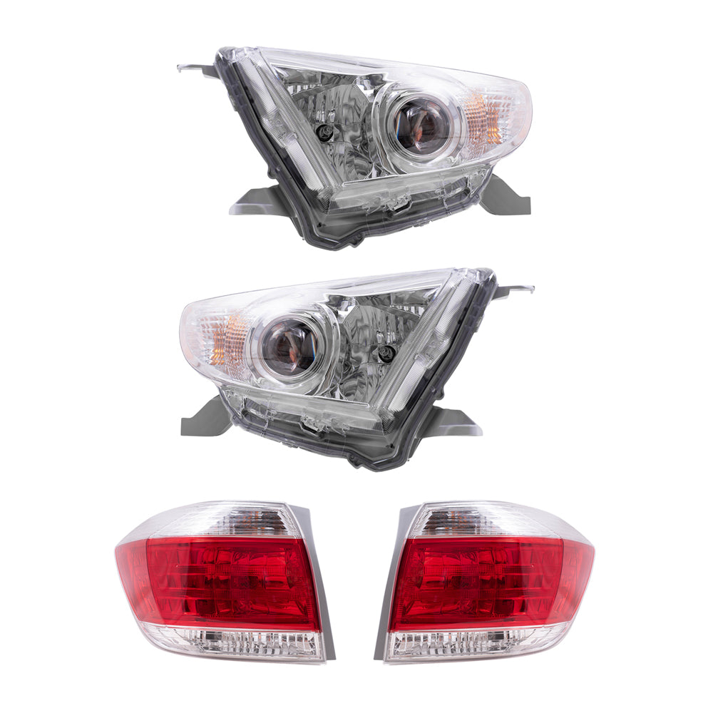 Brock Replacement Driver and Passenger Side Halogen Combination Headlight Assemblies and Fog Light Units 4 Piece Set Compatible with 2011-2013 Highlander