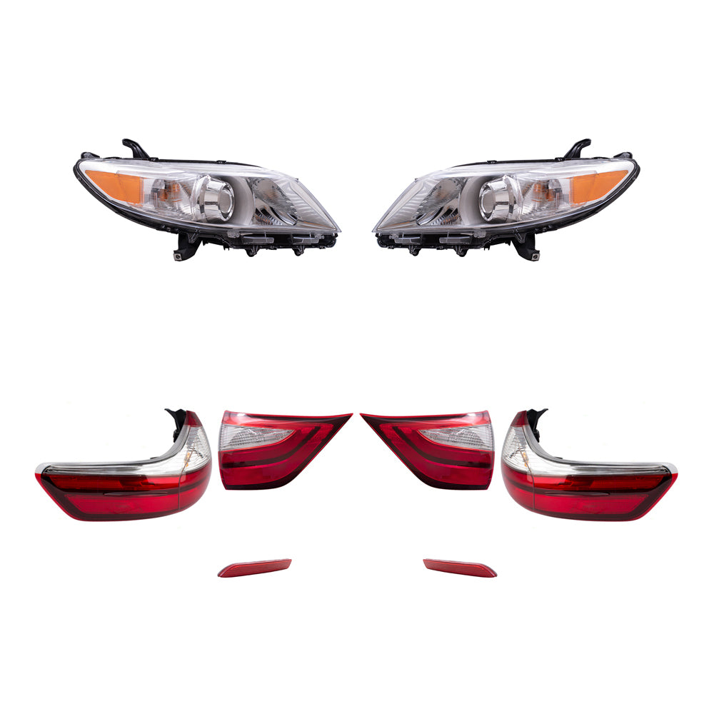 Brock Aftermarket Replacement Part Set of Headlights w/o LED Daytime Running light, Tail Lights Quarter & Liftgate Mounted,& Rear Bumper Reflectors Compatible with 2015-2019 Toyota Sienna EXCEPT SE