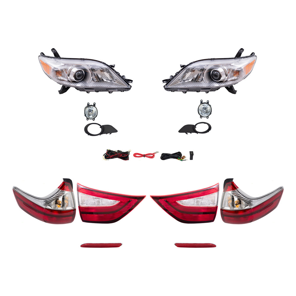 Brock Aftermarket Replacement Part Set of Headlights w/o LED Daytime Running light, Fog Lights Kit, Tail Lights, & Rear Bumper Reflectors Set Compatible with 2015-2017 Toyota Sienna EXCEPT SE