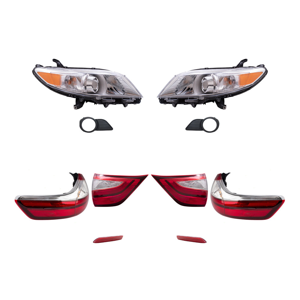Brock Aftermarket Replacement Part Set of Headlights w/o LED Daytime Running light, Fog Lights Kit, Tail Lights, & Rear Bumper Reflectors Set Compatible with 2015-2017 Toyota Sienna EXCEPT SE