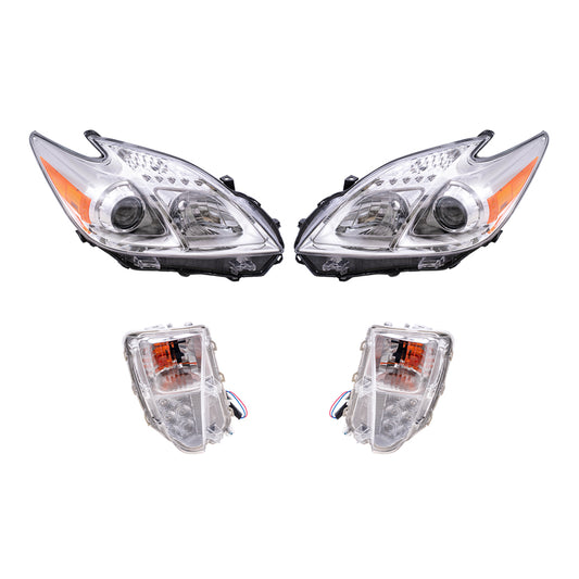Brock Replacement Driver and Passenger Side Headlights and Turn Signal Lights with Daytime Running Lights 4 Piece Set Compatible with 2012-2015 Prius