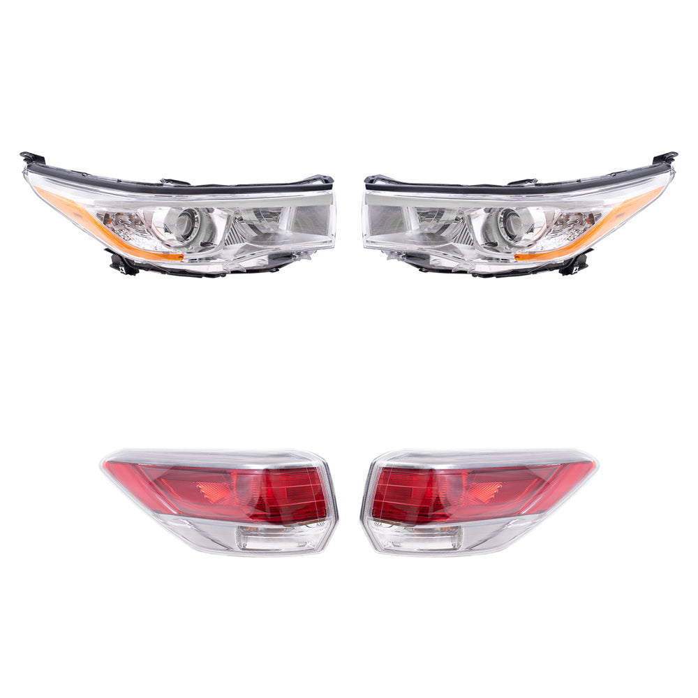 Brock Replacement Driver and Passenger Side Headlight W/O Smoked Chrome Accent and Quarter Mounted Tail Light Assembly 4 Piece Set Compatible with 2014-2016 Highlander/Highlander Hybrid
