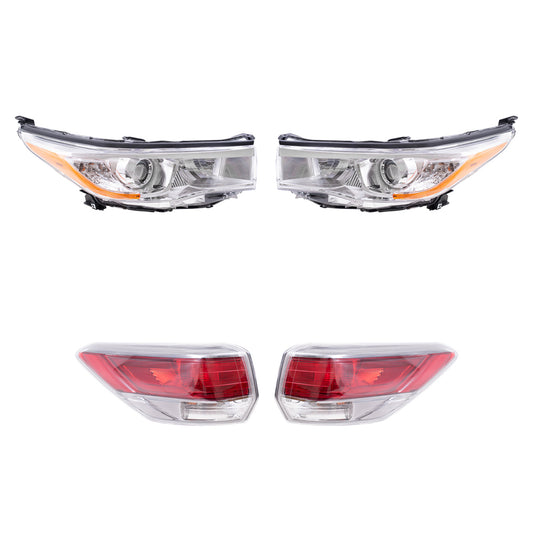 Brock Replacement Driver and Passenger Side Headlight W/O Smoked Chrome Accent and Quarter Mounted Tail Light Assembly 4 Piece Set Compatible with 2014-2016 Highlander/Highlander Hybrid
