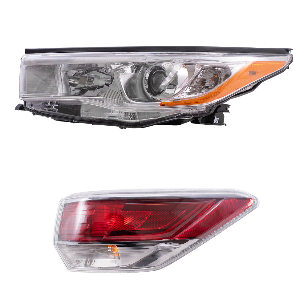 Brock Replacement Driver and Passenger Side Headlight W/O Smoked Chrome Accent and Quarter Mounted Tail Light Assembly 4 Piece Set Compatible with 2014-2016 Highlander/Highlander Hybrid