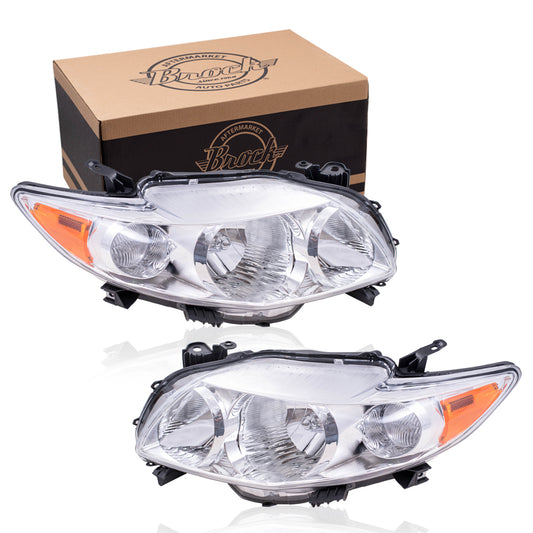 Brock Replacement Driver and Passenger Side Halogen Combination Headlight Assembly with Chrome Bezel Set Compatible with 09-10 Corolla NORTH AMERICAN BUILT
