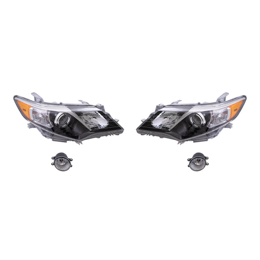 Brock Replacement Driver and Passenger Side Halogen Combination Headlights with Black Bezel and Fog Lights 4 Piece Set Compatible with 2012-2014 Camry SE/SE Sport