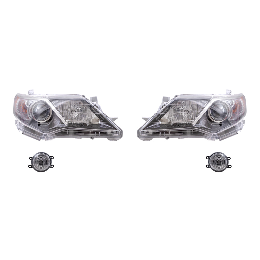 Brock Replacement Driver and Passenger Side Halogen Combination Headlights with Black Bezel and Fog Lights 4 Piece Set Compatible with 2012-2014 Camry SE/SE Sport
