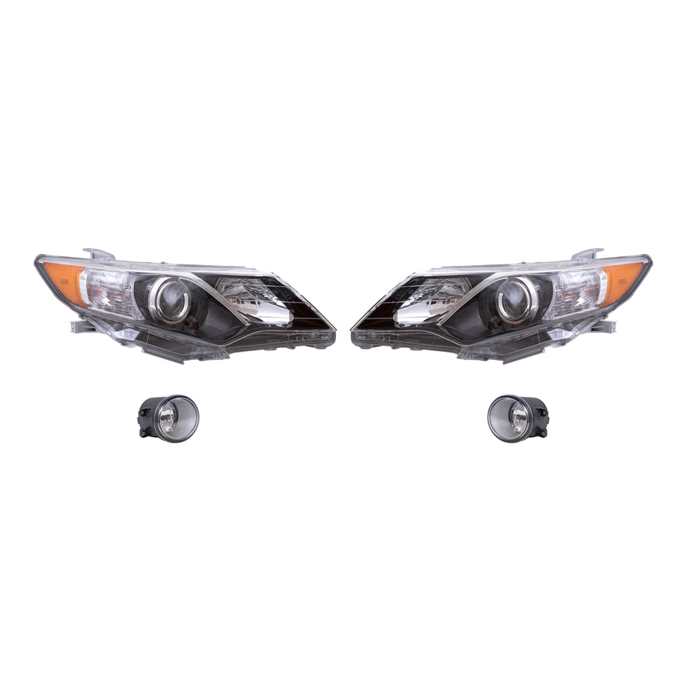 Brock Replacement Driver and Passenger Side Halogen Combination Headlights with Black Bezel and Fog Lights 4 Piece Set Compatible with 2012-2014 Camry SE/SE Sport