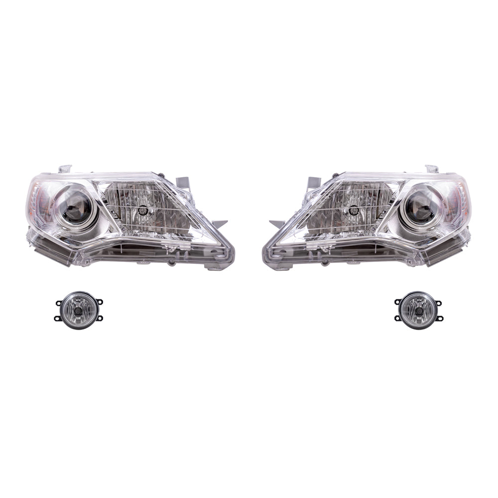 Brock Replacement Driver and Passenger Side Halogen Combination Headlights with Chrome Bezel and Fog Lights 4 Piece Set Compatible with 2012-2014 Camry L/LE/XLE