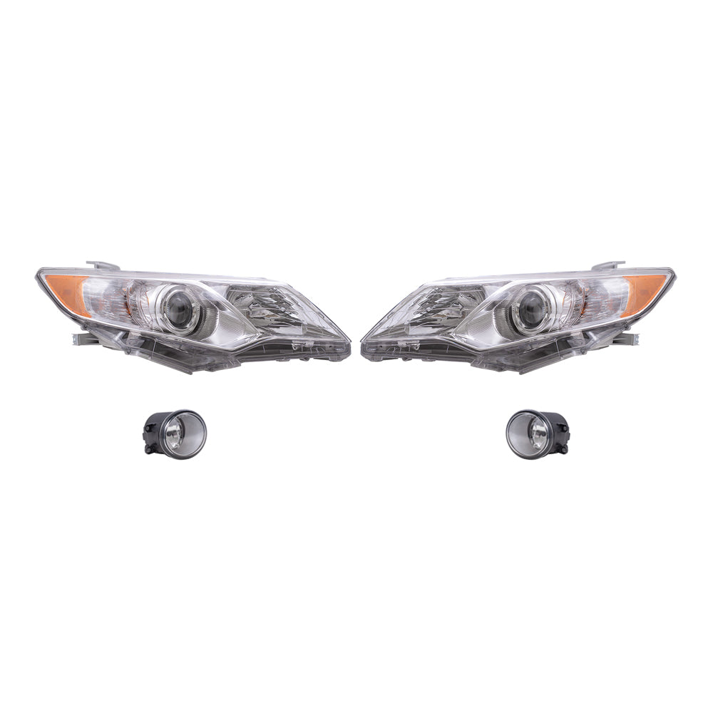 Brock Replacement Driver and Passenger Side Halogen Combination Headlights with Chrome Bezel and Fog Lights 4 Piece Set Compatible with 2012-2014 Camry L/LE/XLE