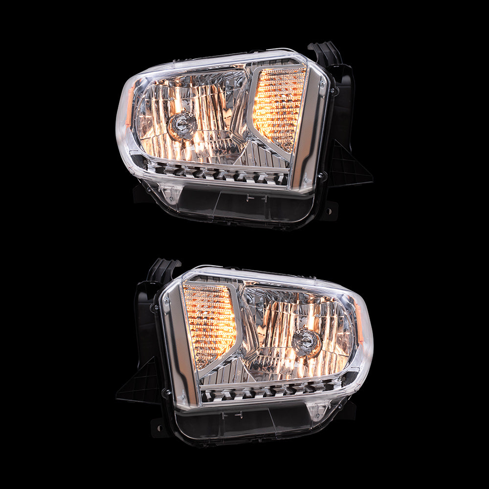 Brock Replacement Driver and Passenger Halogen Combination Headlight Assemblies with Chrome Bezel without Level Adjuster or LED Daytime Running Lights Compatible with 2014-2017 Toyota Tundra