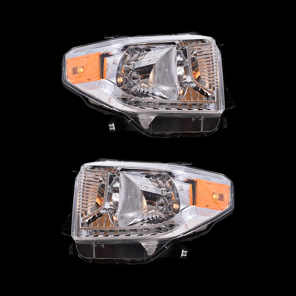 Brock Replacement Driver and Passenger Halogen Combination Headlight Assemblies with Chrome Bezel without Level Adjuster or LED Daytime Running Lights Compatible with 2014-2017 Toyota Tundra