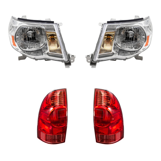 Brock Replacement for Replacement 4 Pc Headlights Tail Lights with Bright Chrome Bezel Compatible with 2005-2011 Tacoma