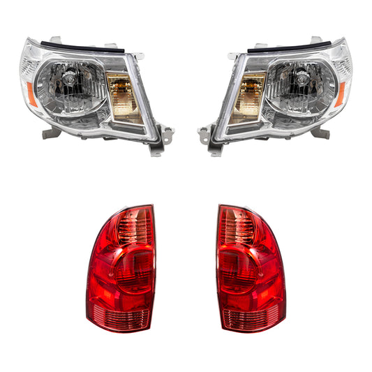 Brock Replacement for Replacement 4 Pc Headlights Tail Lights with Bright Chrome Bezel Compatible with 2005-2011 Tacoma