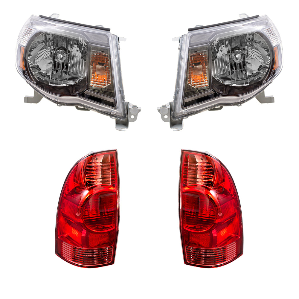 Brock Replacement 4 Pc Headlights & Tail Lights w/ Dark Chrome Bezels Compatible with 2005-2011 Tacoma