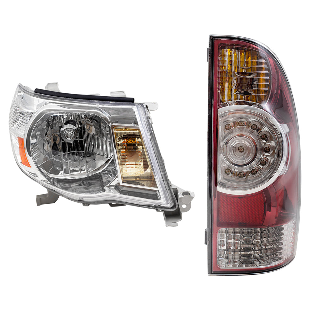 Brock Replacement Headlights Bright Chrome Bezel & Taill Lights w/ LED Center Lens Compatilbe with 2005-2011 Tacoma