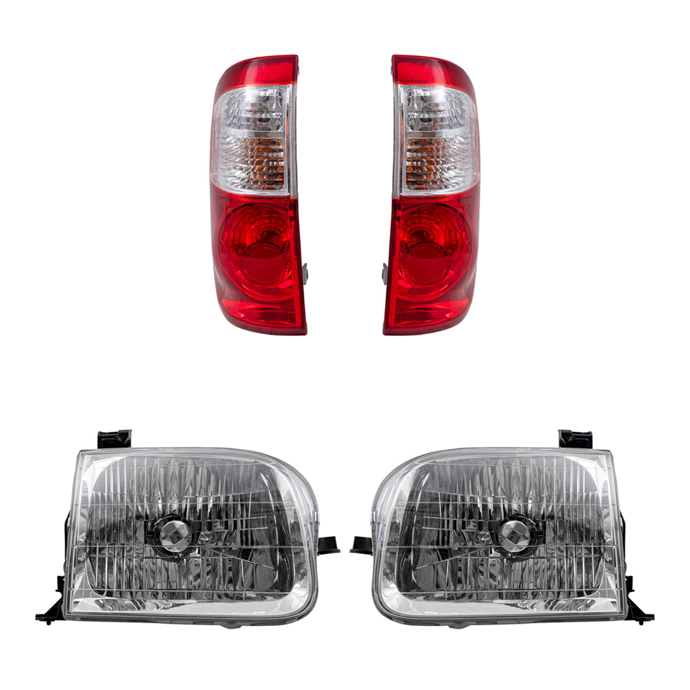 Brock Replacement Driver and Passenger Side Halogen Headlight Assemblies and Tail Light Assemblies 4 Piece Set Compatible with 2004 Tundra Double Cab with Standard Bed